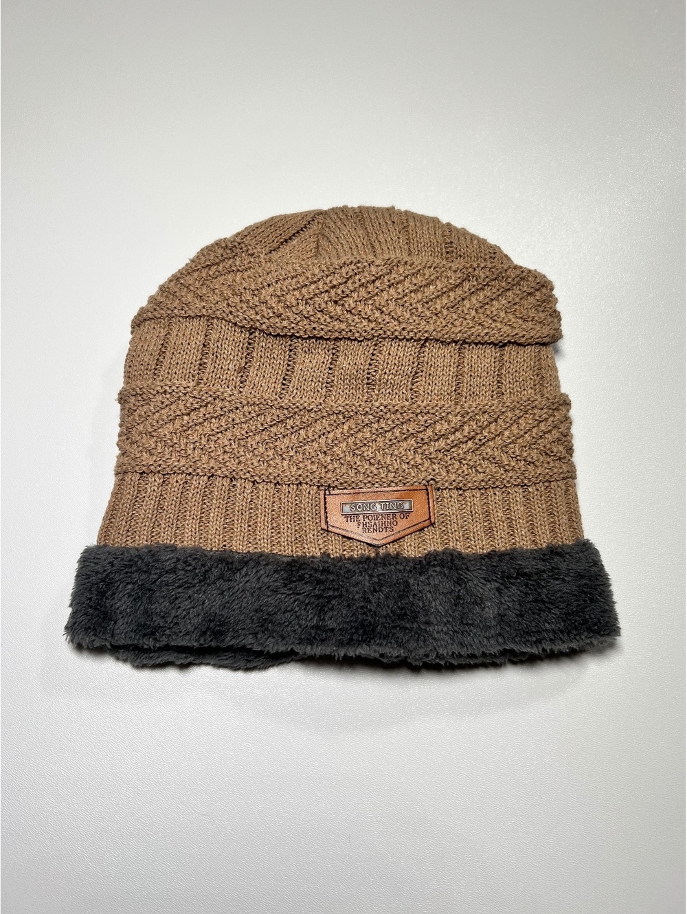 Brown Cable Knit Beanie Faux Fur Cuff Winter Hat Cozy Ribbed Toque